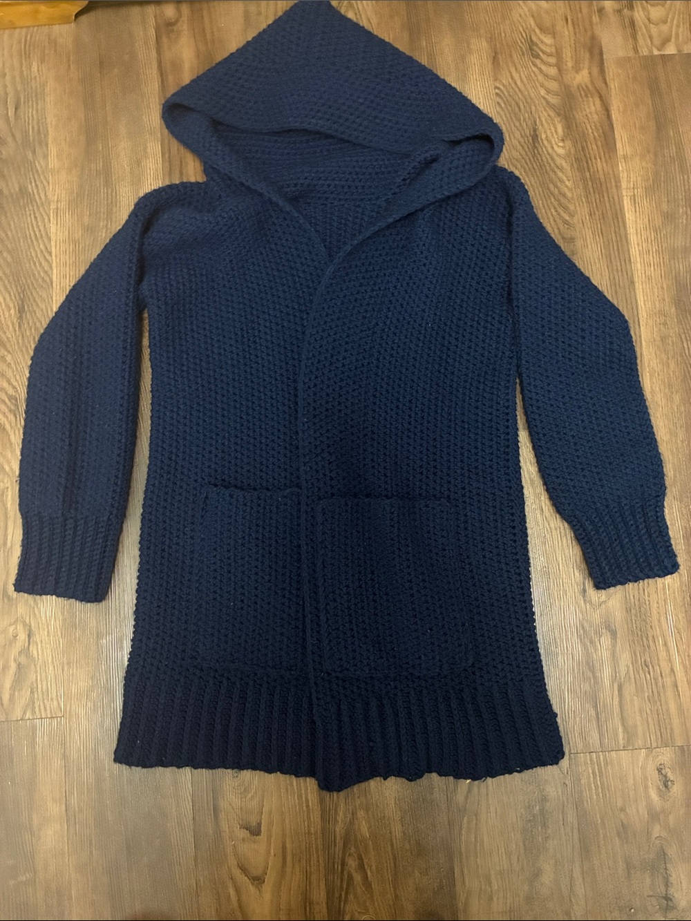 Chunky Knit Long Hooded Cardigan Navy Blue Women’s